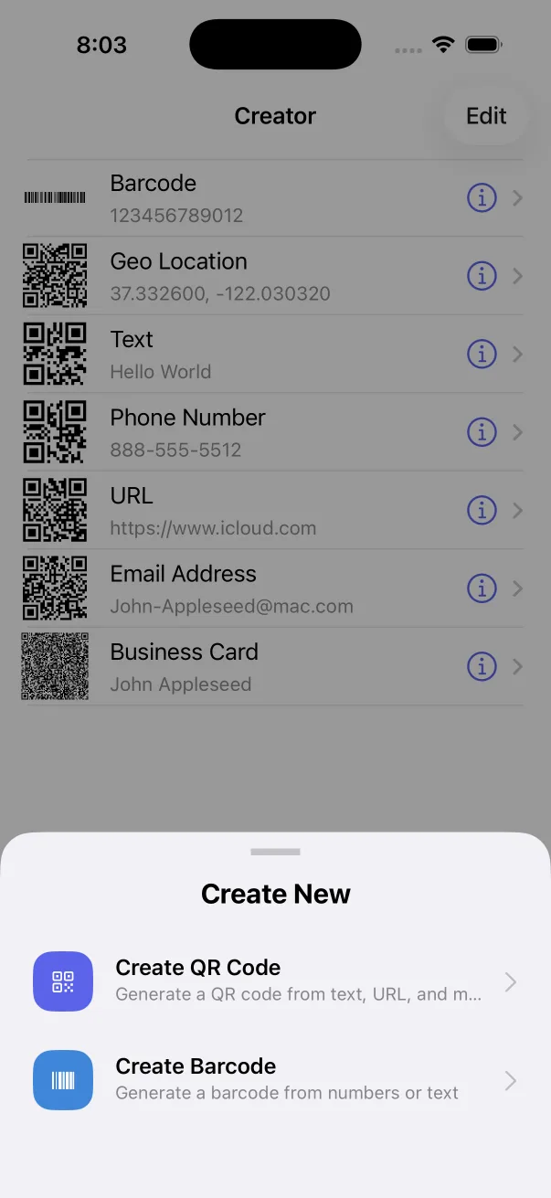 Creator hub listing saved QR codes and barcodes