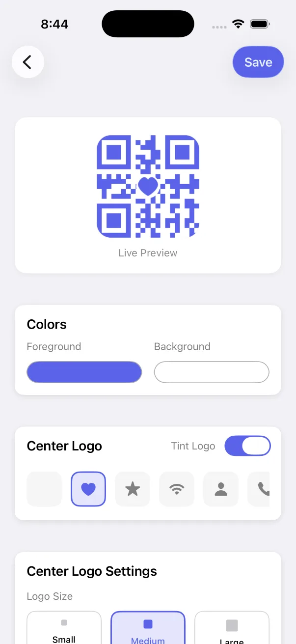 Customizing a QR code with colors, dot styles, and a center logo on iPhone