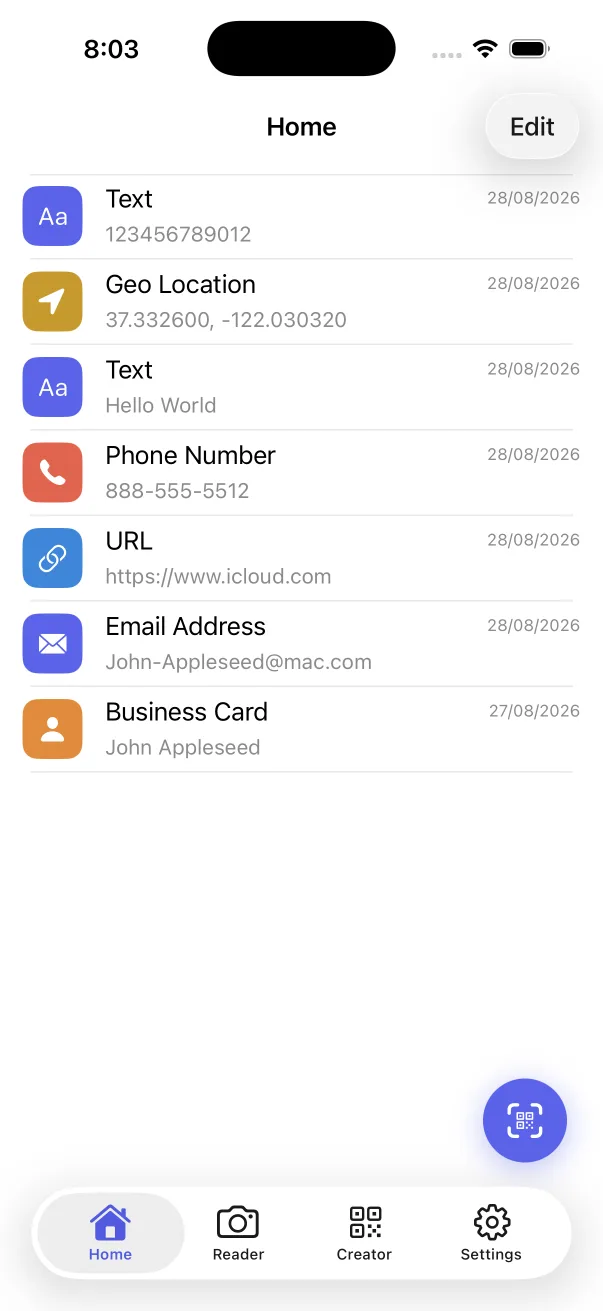 QR Code Reader & Generator Home screen showing scan history on iPhone